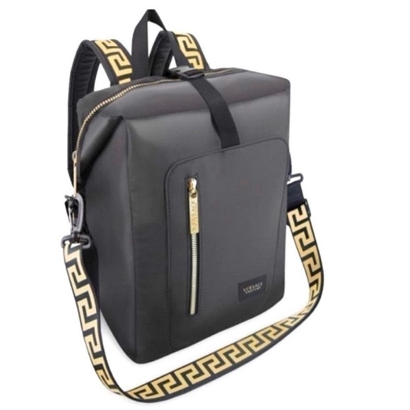 Versace Parfums Black and Gold Convertible Backpack with Greek Key Straps NWOT - Picture 1 of 7